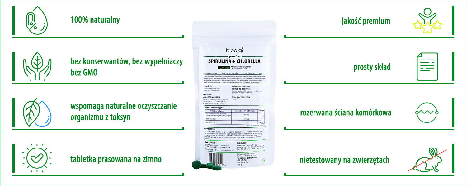 Spirulina + Chlorella tabletki na oczyszczanie organizmu